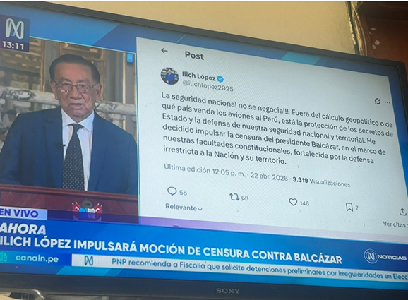 Peruvian congress members introduced a censure motion against President José María Balcázar after he tried to postpone finalizing the F-16 deal